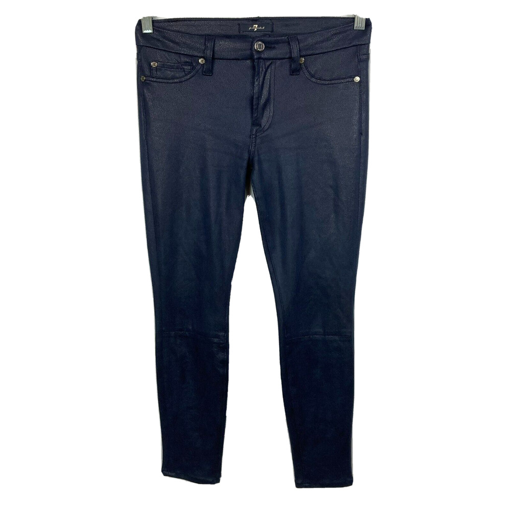 7 For All Mankind Pants Womens Sz 24W Blue Faux Leather Ankle Skinny Stretch